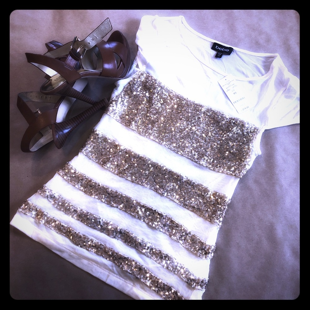 Bebe Mesh placement Sequin top PRICE DROP